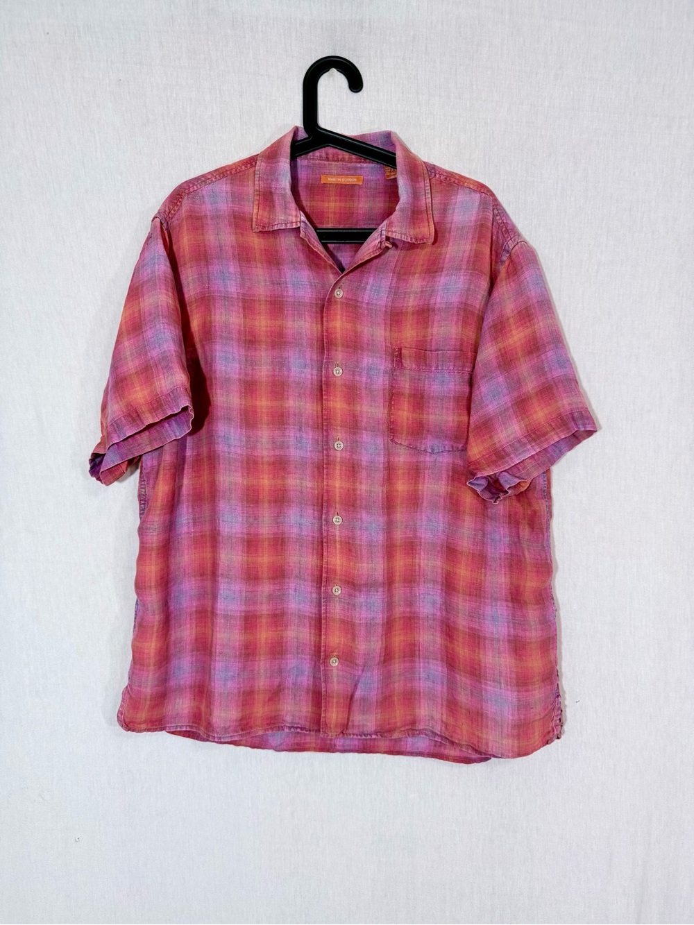 Martin Gordon L Men's 100% linen Short Sleeve Plaid ButtonUp Shirt - sunset hues